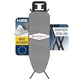Bartnelli Ironing Board Made in Europe | Iron Board with 4 Layered Cover & Pad, Height Adjustable up to 36' Features A Safety Iron Rest, 4 Steel Legs, for Home Laundry Room or Dorm Use (43x14)