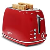 2 Slice Stainless Steel Toaster Retro with 6 Bread Shade Settings, Bagel, Cancel, Defrost Function, Extra Wide Slot, Removable Crumb Tray, Red