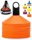 Pro Disc Cones (Set of 50) - Agility Soccer Cones with Carry Bag and Holder for Sports Training, Football, Basketball, Coaching, Practice Equipment, Kids - Includes 15 Best Drills Book (Bright Orange)