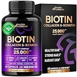 Biotin with Hyaluronic Acid, Collagen & Keratin - Hair Growth Vitamins - Supplement for Women, Men - 25000 mcg Pills - Made in USA - B1,B2,B3,B6,B7 - Nails & Skin - As Liquid, Drops, Oil - 60 Capsules