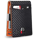 Zitahli Wallet for Men Slim 12 Credit Card Holder Slots Leather Money Clip RFID Blocking Small Thin Men's Wallet Bifold Minimalist Front Pocket Large Capacity Gift Box Carbon Black Orange