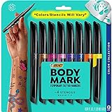 BIC BodyMark Temporary Tattoo Markers for Skin (MTBP81-AST), Color Collection, Flexible Brush Tip, 8-Count Pack of Assorted Colors, Skin-Safe*, Cosmetic Quality