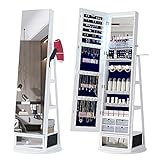 Dystler 360° Swivel Jewelry Cabinet with 6LED Lights, Rotatable Full Length Mirror with Jewelry Storage, Lockable Standing Jewelry Armoire Organizer, Foldable Makeup Shelf& Built-in Small Mirror,White