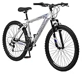 Mongoose Flatrock Men and Women Hardtail Mountain Bike, 26-Inch Wheels, 21 Speed Twist Shifters, 17-Inch Lightweight Aluminum Frame, Silver