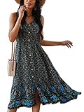 TEMOFON Women Dress Summer Sleeveless Bohemian: Floral V Neck Button Down Flowy Boho Dresses Navy Blue L