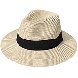 Lanzom Women Wide Brim Straw Panama Roll up Hat Fedora Beach Sun Hat UPF50+ (Khaki) One Size