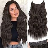 KooKaStyle Invisible Wire Hair Extensions with Transparent Wire Adjustable Size 4 Secure Clips Long Wavy Secret Hairpiece 20 Inch Dark Brown for Women