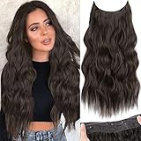 KooKaStyle Invisible Wire Hair Extensions with Transparent Wire Adjustable Size 4 Secure Clips Long Wavy Secret Hairpiece 20 Inch Dark Brown for Women