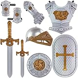 Liberty Imports Medieval Knight in Shining Armor, Kids Pretend Role Play Plastic Toy Costume Dress Up Cosplay with Weapons, Shield, Helmet and Accessories Playset