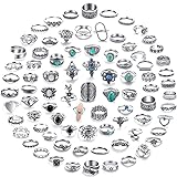 17 MILE 82 Pcs Vintage Silver Knuckle Rings Set for Women, Bohemian Stackable Joint Finger Rings, Retro Stone Crystal Stacking Midi Rings Pack (Silver)