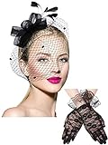 Bowknot Fascinator Hat Tea Party Hat Feathers Veil Mesh Headband and Short Lace Gloves Floral Lace Gloves (Black, Adult)