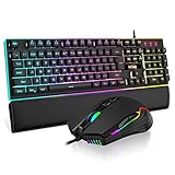 RedThunder K10 Wired Gaming Keyboard and Mouse and Wrist Rest Combo, RGB Backlit, Mechanical Feel Anti-ghosting Keyboard + 7D 7200 DPI Mice+Soft Leather Wrist Rest 3 in 1 PC Gamer Accessories(Black)