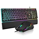 RedThunder K10 Wired Gaming Keyboard and Mouse and Wrist Rest Combo, RGB Backlit, Mechanical Feel Anti-ghosting Keyboard + 7D 7200 DPI Mice+Soft Leather Wrist Rest 3 in 1 PC Gamer Accessories(Black)