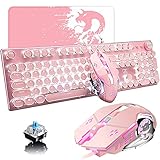 Pink Typewriter Keyboard and Mouse,Retro Vintage Mechanical Gaming Keyboard with White LED Backlit,104 Keys Anti-Ghosting Blue Switch Wired Cute Keyboard,Round Keycaps for Desktop PC/Laptop Mac