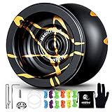 MAGICYOYO N11 Professional Unresponsive Yoyo N11 Alloy Aluminum YoYo Ball (Black with Golden) with Bag, Glove, 12 Yoyo Strings and Responsive Bearing Kit