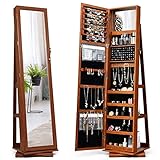 CHARMAID 360° Rotating Jewelry Armoire with Higher Full Length Mirror, Standing Lockable Jewelry Cabinet Organizer with Large Storage Capacity, Inside Makeup Mirror, Rear Storage Shelves (Walnut)