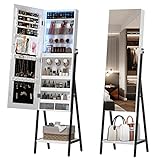 LVSOMT 3 LEDs Mirror Jewelry Cabinet with Full Length Mirror, 42.5' Jewelry Cabinet, Standing Jewelry Armoire Organizer for Necklaces Rings Cosmetics, White