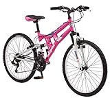 Mongoose Exlipse Full Dual-Suspension Mountain Bike for Kids, Featuring 15-Inch/Small Steel Frame and 21-Speed Shimano Drivetrain with 24-Inch Wheels, Kickstand Included, Pink