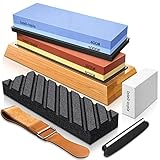 Complete Knife Sharpening Stone Set – Dual Grit Whetstone 400/1000 3000/8000 Premium Whetstone Knife Sharpener with Leather Strop, Flattening Stone, Bamboo Base, 3 Non-slip Rubber Bases & Angle Guide