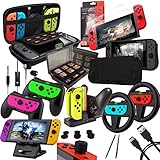 Orzly Accessory Bundle Kit designed for Nintendo switch Accessories Geeks and Oled console users Case and Screen protector, Joycon grips and Wheels for enhanced games play and more - Jet black