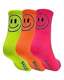 CUTIE MANGO Women's Fashion Quarter Socks Neon Big Happy Smiley Face Print Cute Smile Pattern Novelty Fun Design Soft Cotton Socks 3-Pack Set