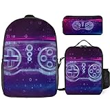 NAWFIVE Retro Gamepad Controller Backpack with Lunch Box And Pencil Case Set 3d Hologram Gaming Travel Daypack Bookbag for Men Women Laptop Backpack 3pcs