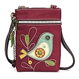 CHALA Crossbody RFID Cell Phone Purse - Women Nylon/Faux Leather Multicolor Handbag with Adjustable Strap Venture - Bird - burgundy
