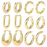 6 Pairs Chunky Gold Hoop Earrings Set for Women 14K Gold Plated Hypoallergenic Thick Open Huggie Hoop Set Jewelry for Gifts