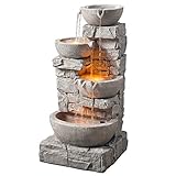 Teamson Home 4 Tiered Bowls Floor Stacked Stone Waterfall Fountain with LED Lights and Pump for Outdoor Patio Garden Backyard Decking Décor, 33 inch Height, Gray