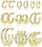 Adoyi Gold Hoop Earrings Set for Women Gold Hoops Twisted Huggie Hoops Earrings 14K Plated for Girls Gift Lightweight 9 Pairs jewelry for women