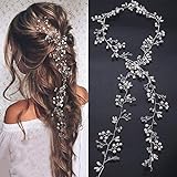 Denifery Bridal Rose Gold and Gold Silver Extra Long Pearl and Crystal Beads Bridal Hair Vine Wedding Head Piece Headband Hair Jewelry Hair Accessories (Silver)