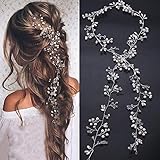 Denifery Bridal Rose Gold and Gold Silver Extra Long Pearl and Crystal Beads Bridal Hair Vine Wedding Head Piece Headband Hair Jewelry Hair Accessories (Silver)