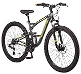 Mongoose Status 2.4 Men and Women Mountain, 27.5-Inch Wheels, 21-Speed Shifters, Aluminum Frame, Dual Suspension, Dark Silver