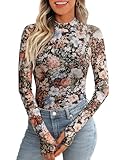 Dealmore Lace Long Sleeve Floral Mesh Mockneck Going Out Tops for Women Fashion Fall Outfits 2024 Floral Fierce M