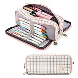ANGOOBABY Large Pencil Case Big Capacity 3 Compartments Canvas Pencil Pouch for Teen Boys Girls School Students (Pink Strip Black Grid)