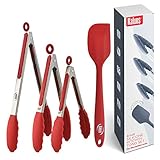 Kaluns Kitchen Tongs for Cooking, Non Stick Silicone Tip Stainless Steel Tongs, Set of Four 7,9, and 12 Inch Tong Plus Silicone Spatula Non-stick, Heat Resistant Serving Utensils