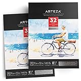 Arteza Watercolor Paper Pad, 9x12 inch, Pack of 2 (32 Sheets Each), Cold Pressed Watercolor Sketchbook, 140lb/300gsm Acid Free Watercolor Paper, Art Supplies for Watercolors & Mixed Media Drawing