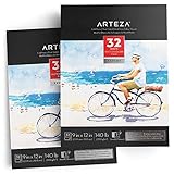 Arteza Watercolor Paper Pad, 9x12 inch, Pack of 2 (32 Sheets Each), Cold Pressed Watercolor Sketchbook, 140lb/300gsm Acid Free Watercolor Paper, Art Supplies for Watercolors & Mixed Media Drawing