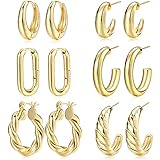 Gold Hoop Earrings Set for Women, 6 Pairs 14K Gold Plated Lightweight Hypoallergenic Chunky Open Hoops Jewelry for Gift