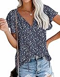 Floral Blouses for Women Boho Vacation Ruffle Tied V Neck Casual Summer Tops (Navy Blue,L)