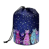 Poceacles Galaxy Cat Design Makeup Bag for Women, Foldable Drawstring Cosmetic Pouch Portable Handbag Bucket Toiletry Case Organizer Travel Accessories