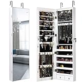 Giantex Wall Door Jewelry Armoire Cabinet with Full-Length Mirror, 2 LEDs Lockable Large Storage Jewelry Organizer with Wide Mirror, Makeup Pouch, Bracelet Rod, Jewelry Amoires w/ 2 Drawers (White)