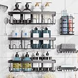 Veken Adhesive Shower Caddy 6-Pack,Heavy Weight Bearing,Large Wall Mounted Shower Shelves Rack,Organizer Storage Accessories with Soap Dish&Toothbrush Holder,Ideal for Bathroom,Home&Kitchen,Black