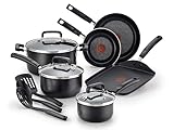 T-fal Signature Nonstick Cookware Set 12 Piece Pots and Pans, Dishwasher Safe Black