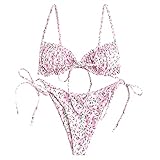 ZAFUL Ditsy Floral Frilled Tie Knot Front Strappy Bikini Sets Swimwear Pink