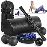 Foam Roller Set - High Density Back Roller, Muscle Roller Stick,2 Foot Fasciitis Ball, Stretching Strap, Massage Ball for Whole Body Physical Therapy & Exercise, Yoga, Back Pain, Leg, Deep Tissue