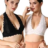 Floral Lace Halter Bra Bralette Top Hook and Eye Closure Back Unpadded Wirefree Lace Bra (M, Black+ Cream White)