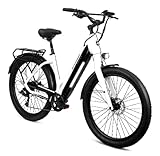 Schwinn Coston DX Adult Electric Hybrid Bike, X-Small/Small Step-Thru Aluminum Frame, 7-Speed, 27.5-Inch Wheels, Gloss White