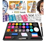 Face Painting Kit For Kids Party - 20 Water Based Non-Toxic Sensitive Skin Paints 3 Glitters 2 hair chalks combs 3 Paint Brushes 40 Stencils for kids 2 Tattoos Sheets Facepaint Kids Face Paint Ebook