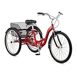 Schwinn Meridian Adult Tricycle Bike, Mens and Womens Three Wheel Beach Cruiser, 26-Inch Wheels, Low Step-Through Frame, Wide Seat, Rear Folding Basket, 1-Speed, Red